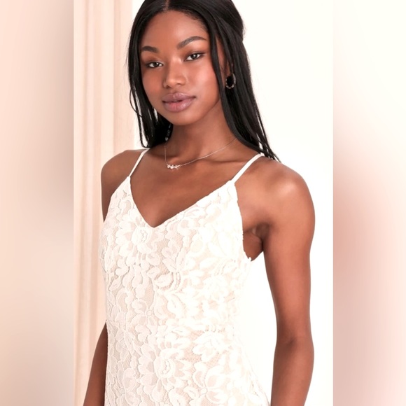 Lulus Flynn Antique White Over Nude Embroidered Lace Wedding Dress w Mini Train - Picture 9 of 15